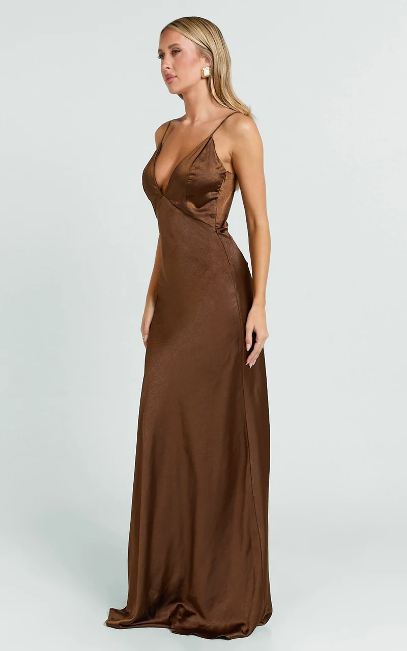 Quincy Maxi Dress - Satin Slip Dress in Chocolate
