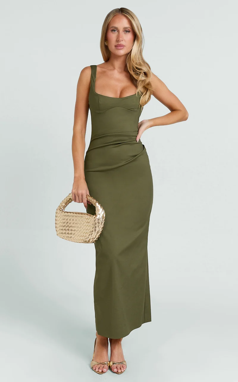 Benita Midi Dress - Scoop Neck Ruched Fitted Dress in Olive