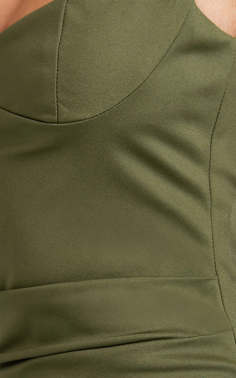 Benita Midi Dress - Scoop Neck Ruched Fitted Dress in Olive