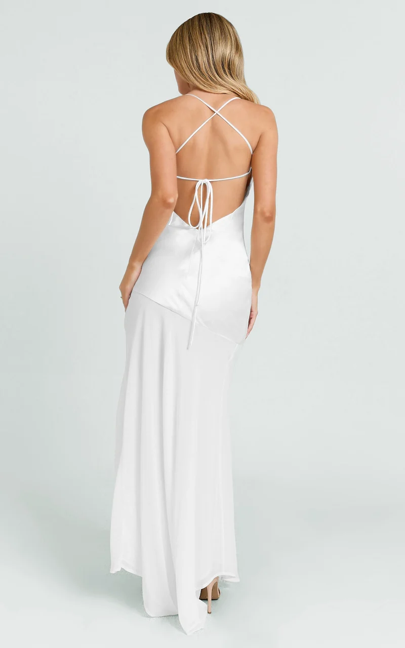 Cassandra Maxi Dress - Scoop Neck Contrast Skirt Slip Dress in White