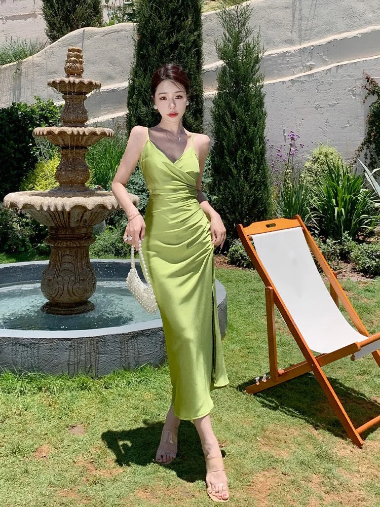 Robe nuisette semi-formelle vert forêt avec fente