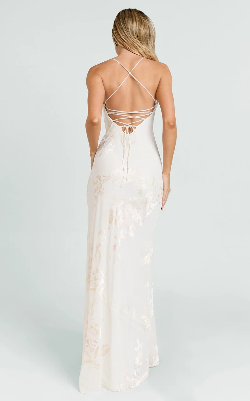 Chrissy Maxi Dress - Square Neck Lace Back Fit And Flare Dress in Ivory