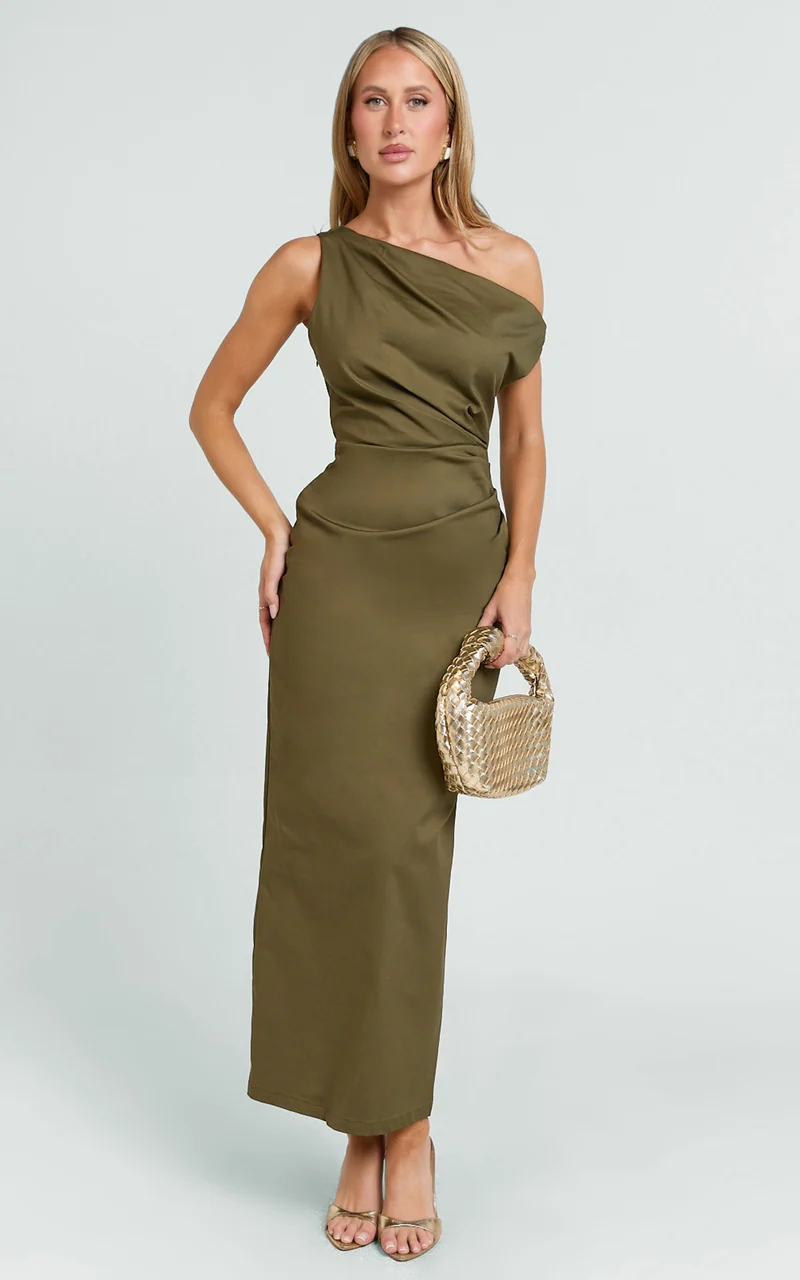 Alexandria Midi Dress - Tip Shoulder Draped Fitted Dress in Olive