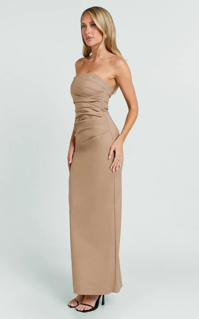 Jamie Maxi Dress - Strapless Ruched Fitted Column Dress in Mocha