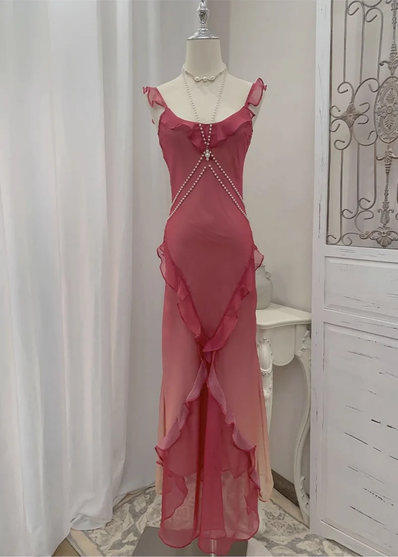 Robe longue pêche à volants