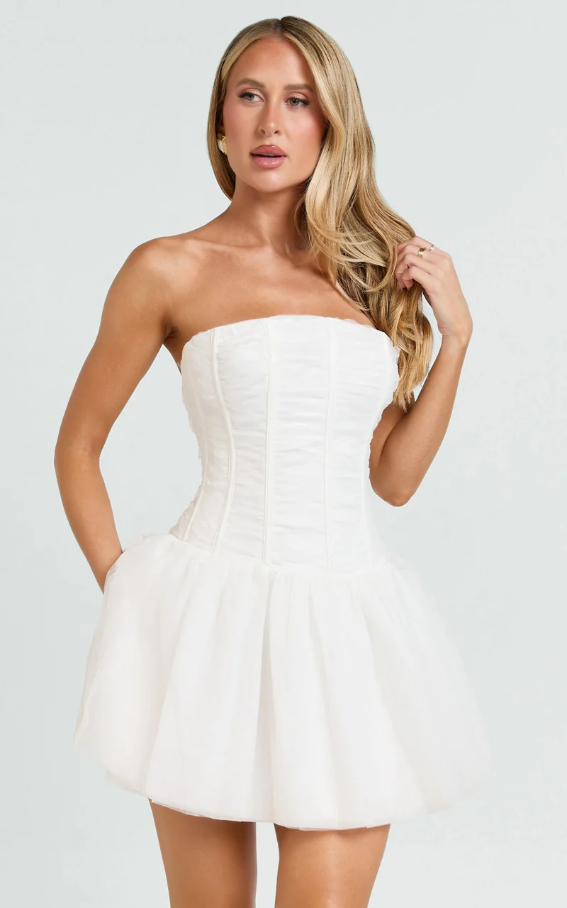 Selene Mini Dress - Ruched Corset Gathered Skirt Dress in Ivory