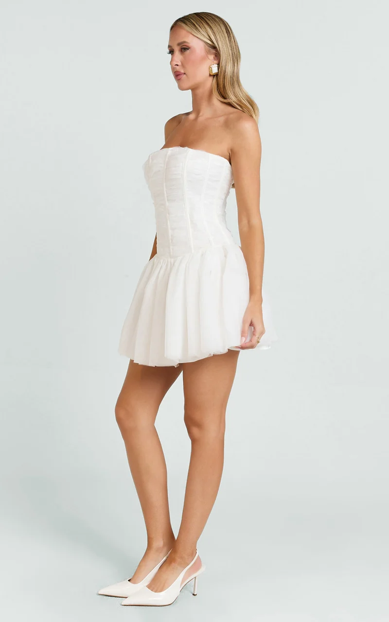 Selene Mini Dress - Ruched Corset Gathered Skirt Dress in Ivory