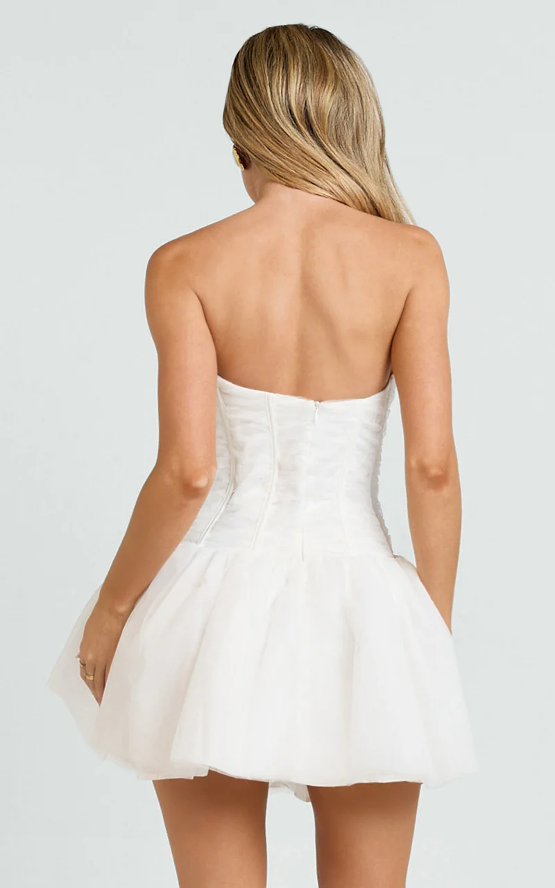 Selene Mini Dress - Ruched Corset Gathered Skirt Dress in Ivory