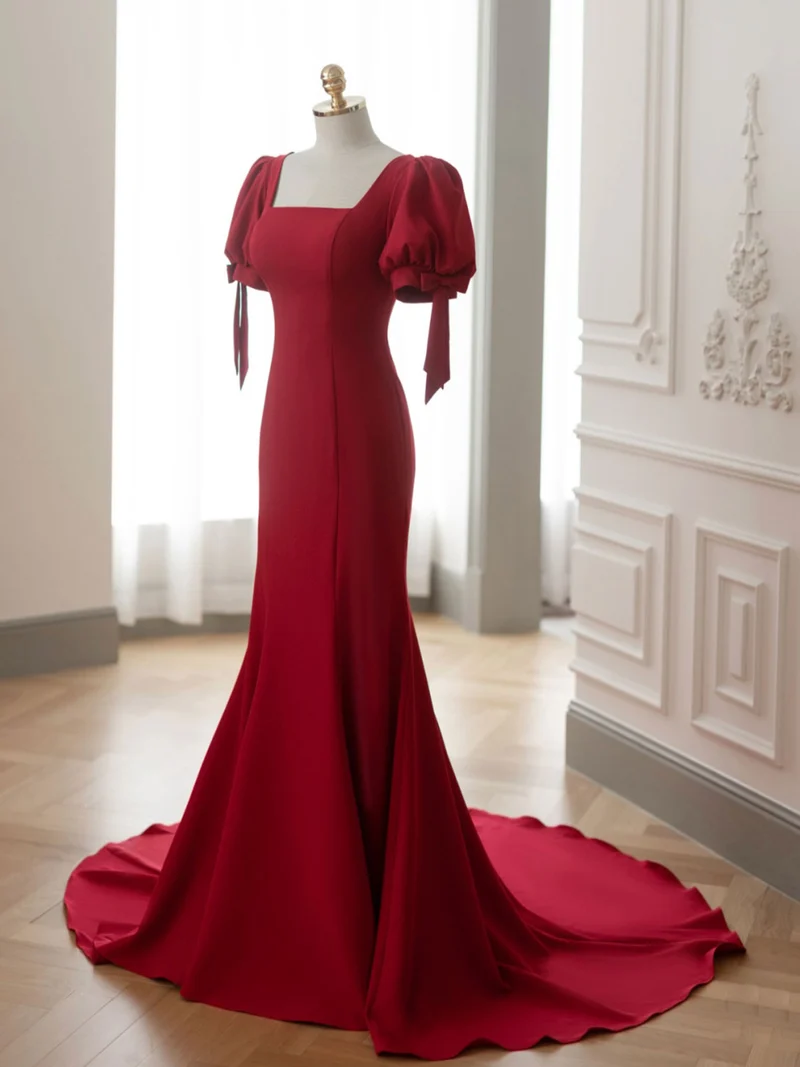 Robe de soirée sirène rouge à col carré, robe de bal à manches courtes
