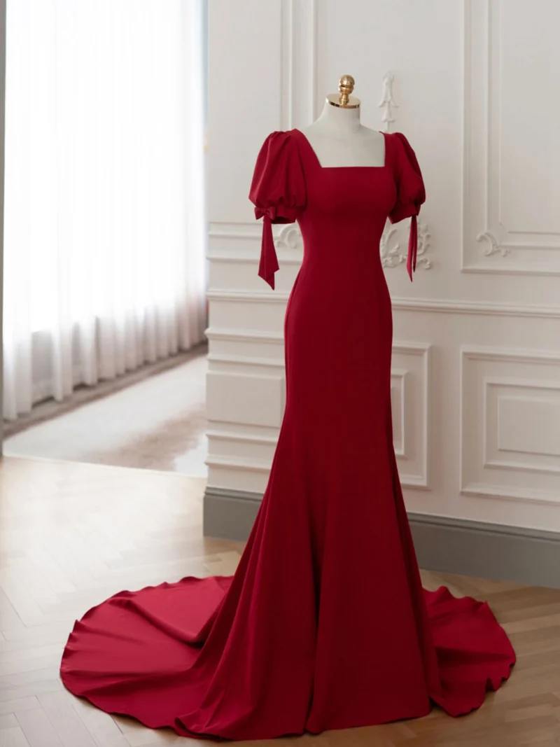 Robe de soirée sirène rouge à col carré, robe de bal à manches courtes
