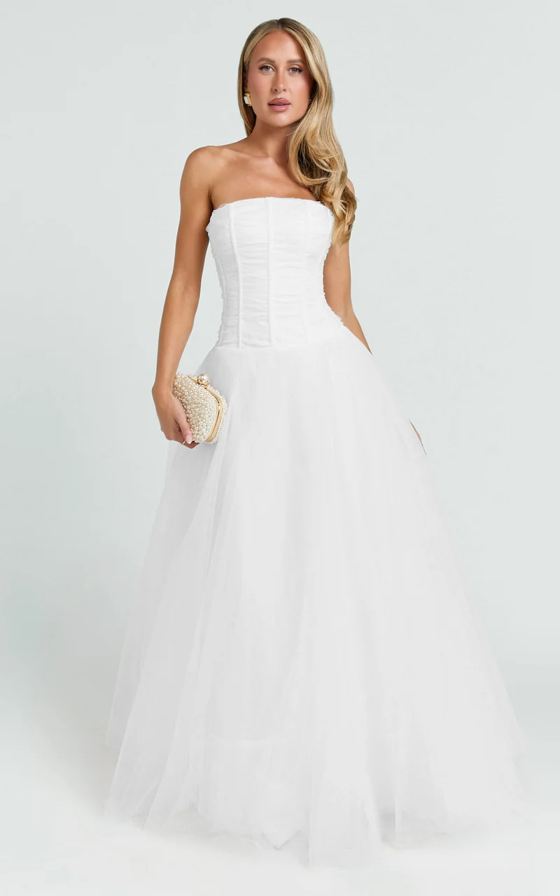 Selene Maxi Dress - Strapless Corset Gathered Skirt Dress in White