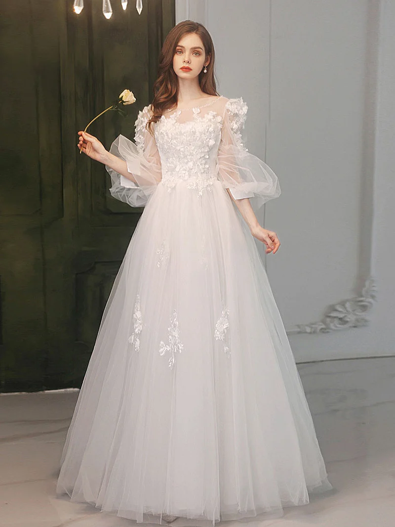 Illusion Princess Robe formelle en tulle blanc à manches 3/4 Robe de bal maxi