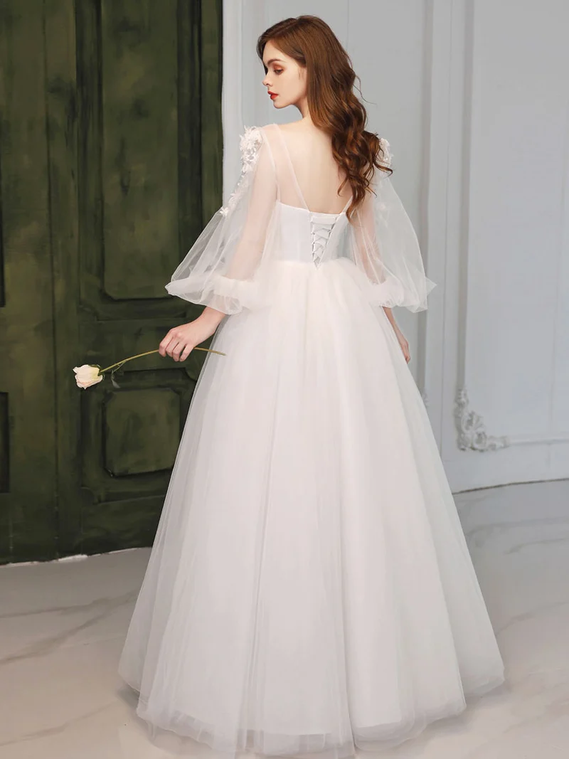 Illusion Princess Robe formelle en tulle blanc à manches 3/4 Robe de bal maxi