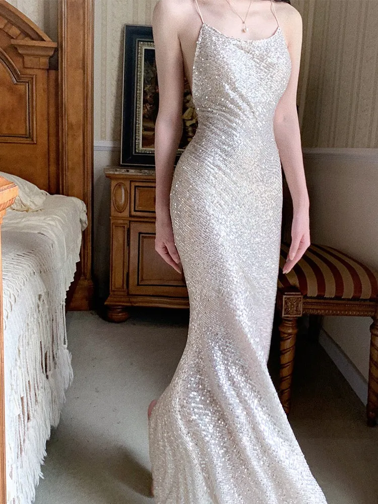 Robe longue sirène à paillettes et paillettes roses