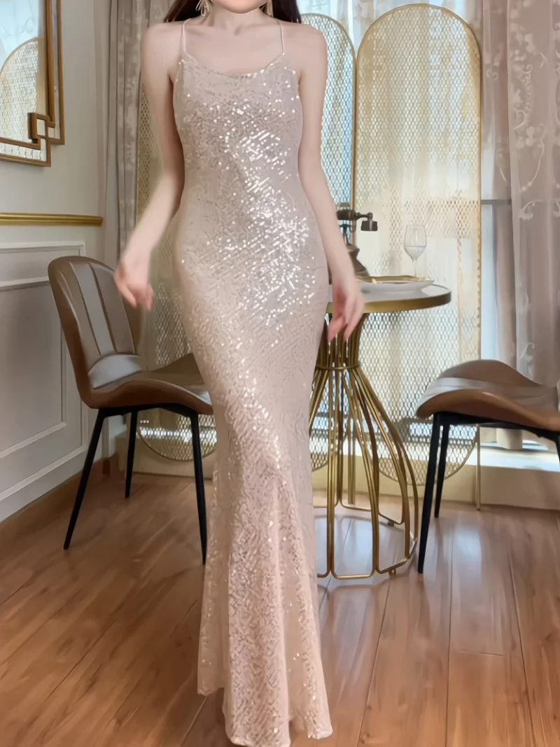 Robe longue sirène à paillettes et paillettes roses