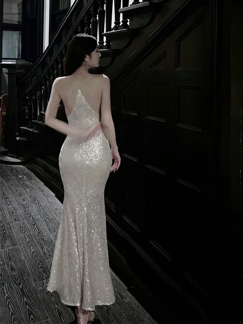 Robe longue sirène à paillettes et paillettes roses