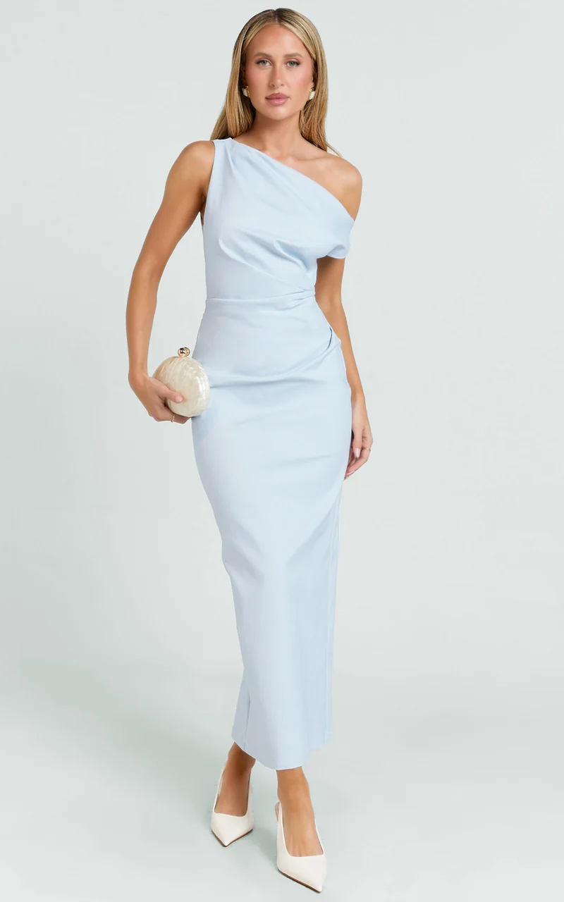 Alexandria Midi Dress - Tip Shoulder Draped Fitted Dress in Blue