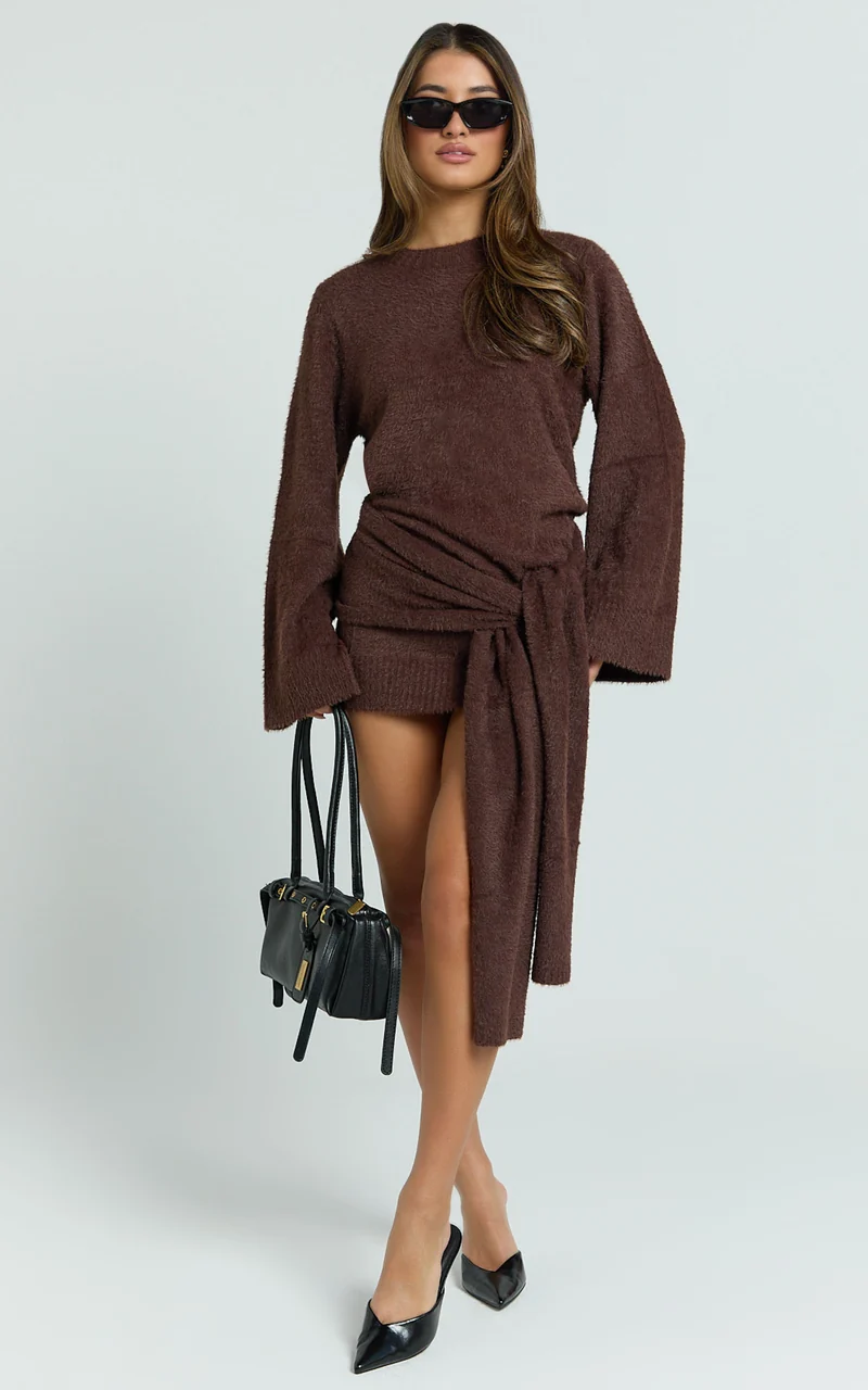 Tisdale Mini Dress - Wrap Skirt Fluffy Knit Jumper Dress in Chocolate
