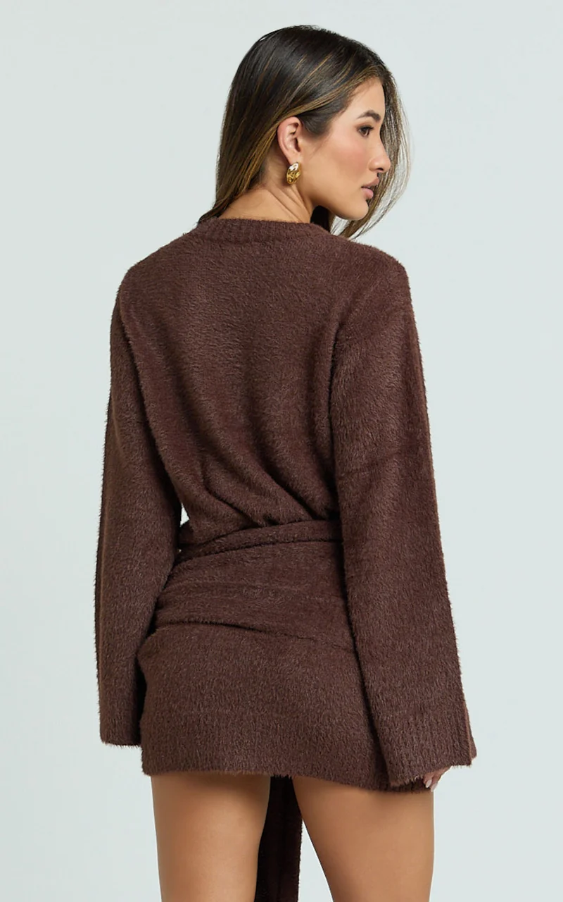 Tisdale Mini Dress - Wrap Skirt Fluffy Knit Jumper Dress in Chocolate