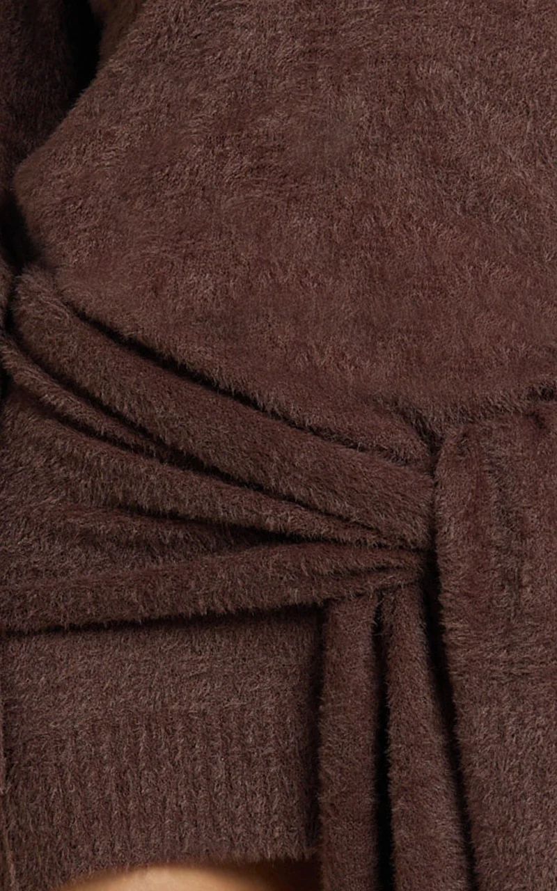 Tisdale Mini Dress - Wrap Skirt Fluffy Knit Jumper Dress in Chocolate