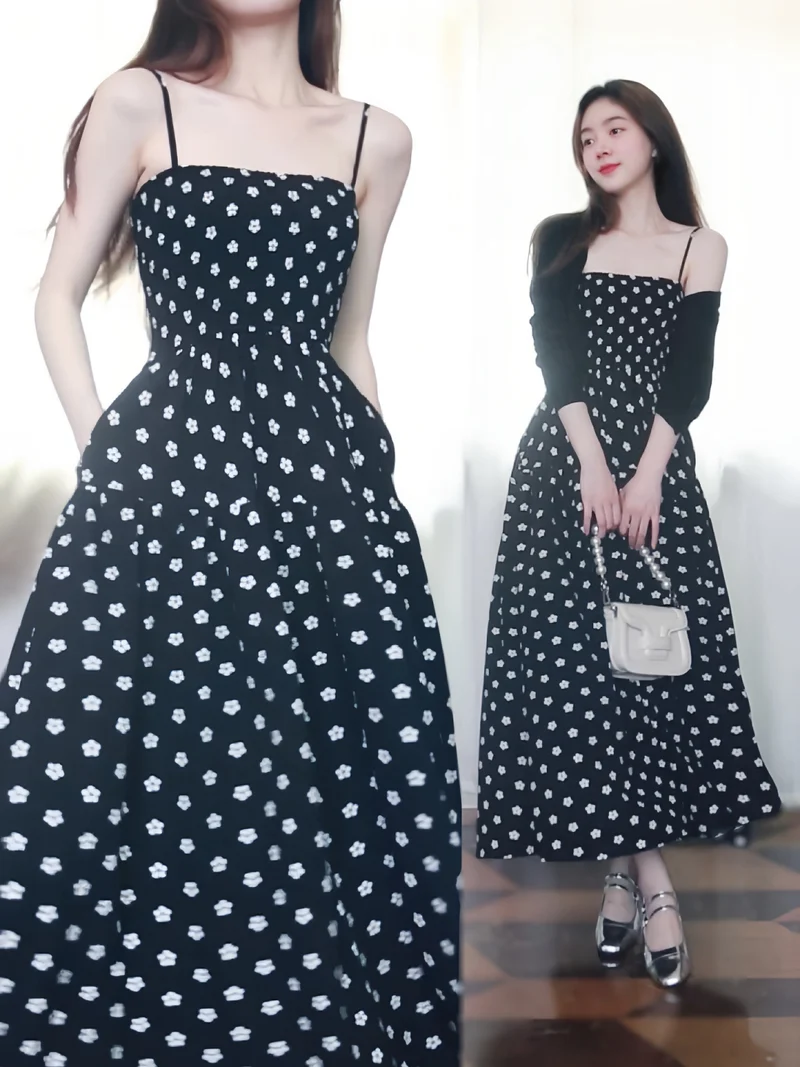 Robe longue d'été florale noire de style français