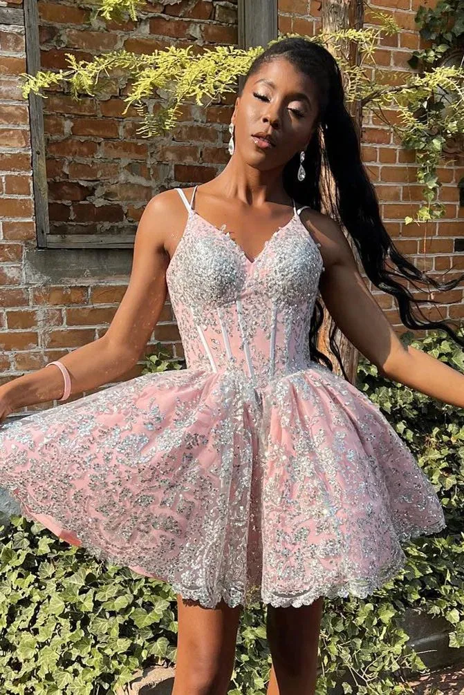 Robe de soirée rose fille noire avec dentelle argentée