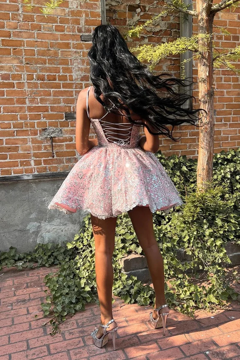 Robe de soirée rose fille noire avec dentelle argentée