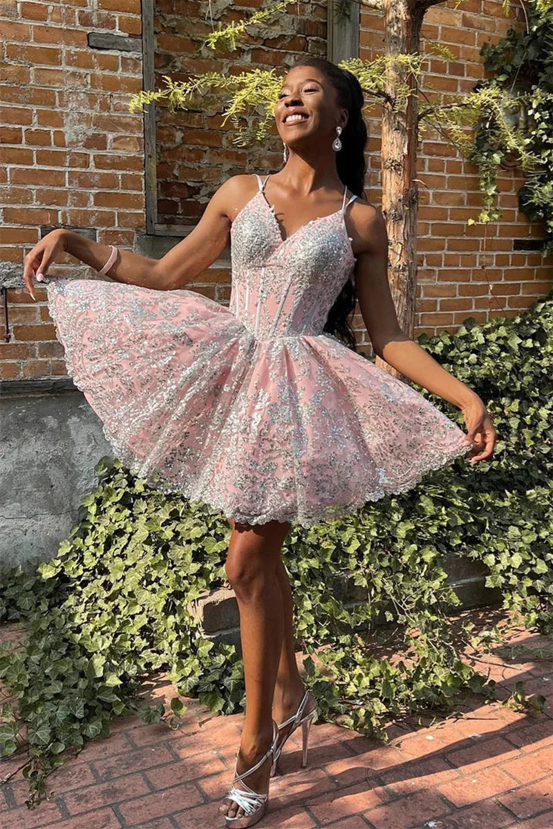 Robe de soirée rose fille noire avec dentelle argentée