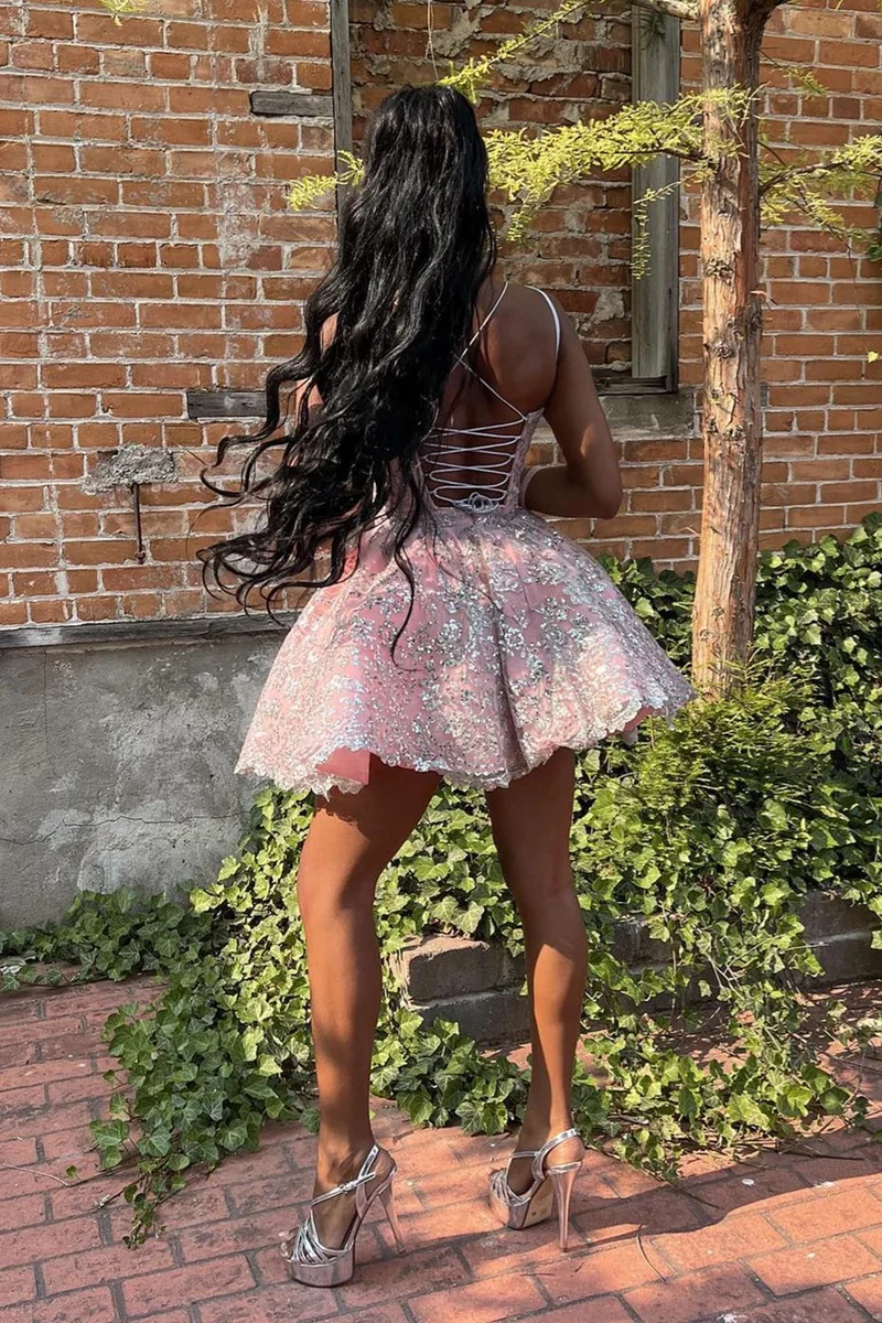 Robe de soirée rose fille noire avec dentelle argentée