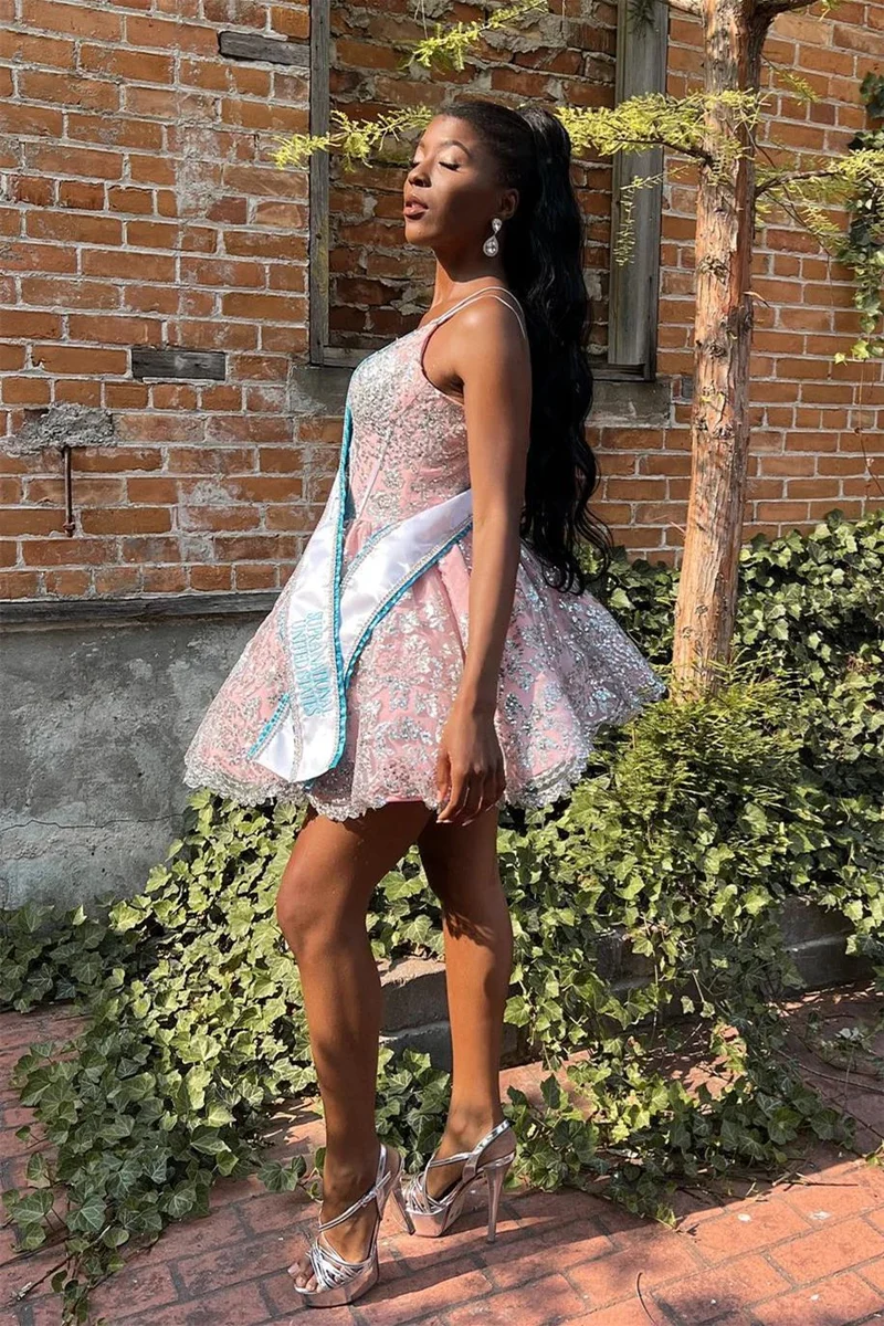 Robe de soirée rose fille noire avec dentelle argentée