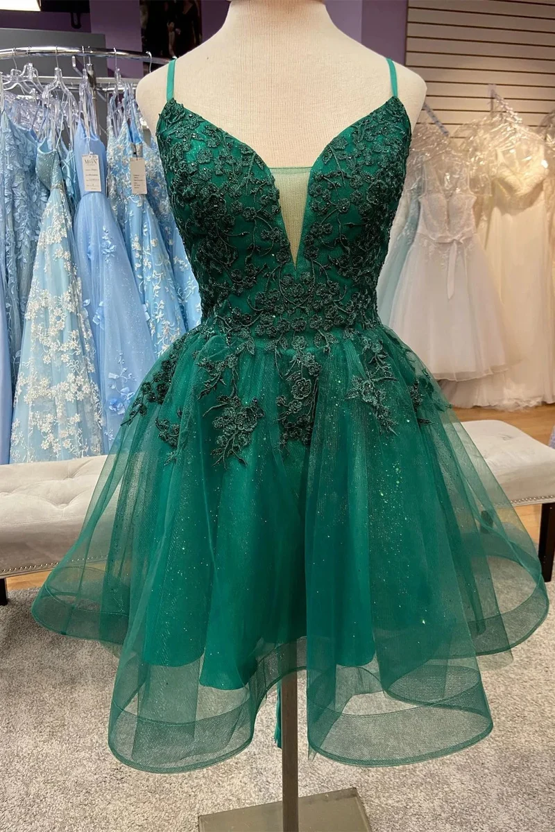 Robe de soirée courte en dentelle vert émeraude