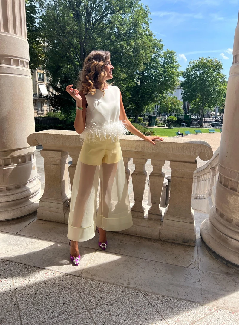 Ensemble pantalon + top a plume