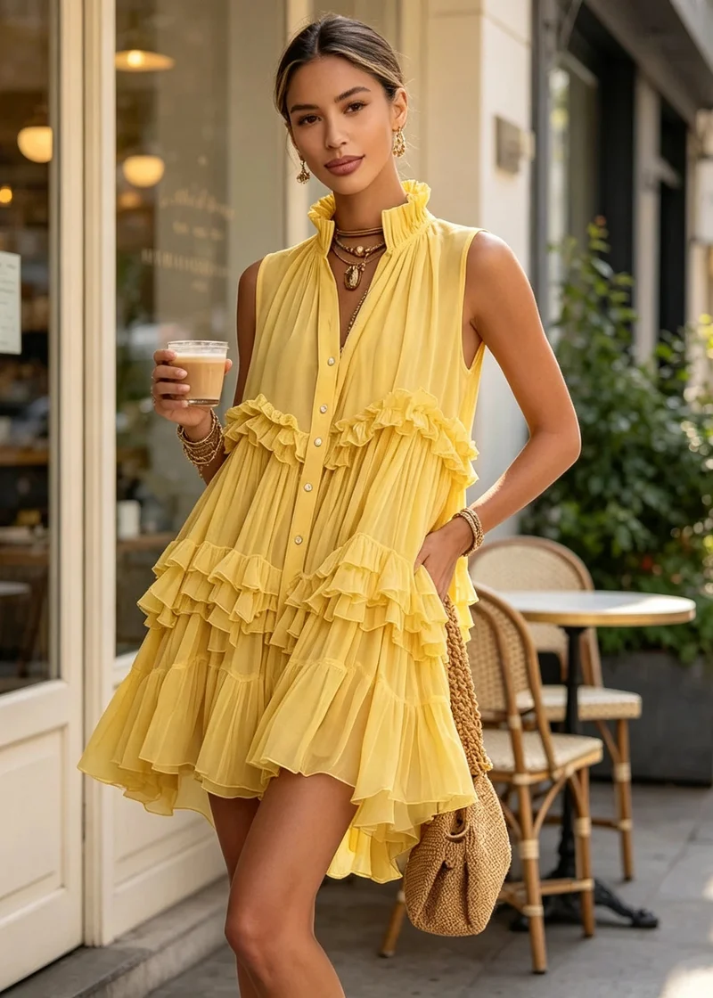Robe Courte d'Été Sans Manches à Volants