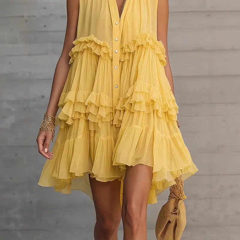 Robe Courte d'Été Sans Manches à Volants