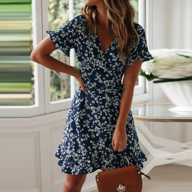Robe bleue boho imprimé fleuri volants