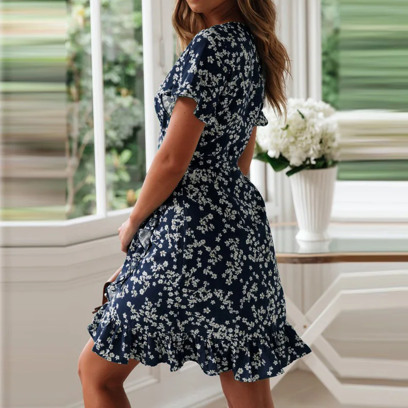 Robe bleue boho imprimé fleuri volants
