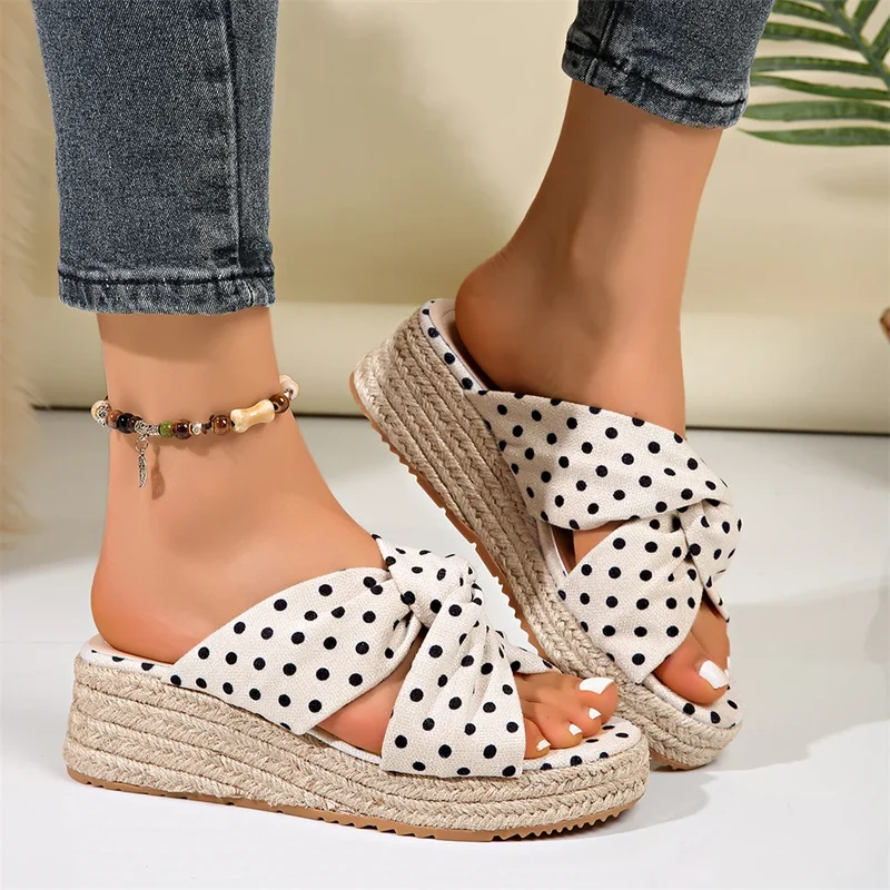 Sandales Bohèmes Plateforme Paille à Pois pour Femme