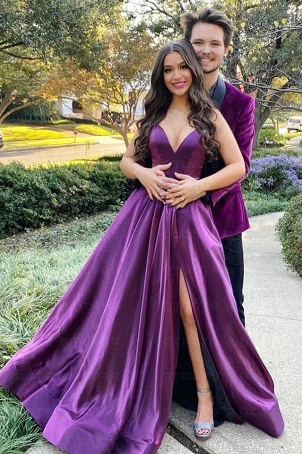 Robe de bal élégante violette à bretelles spaghetti et col en V avec fente pour femme