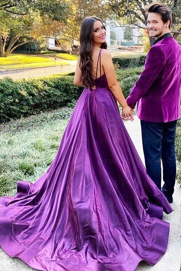 Robe de bal élégante violette à bretelles spaghetti et col en V avec fente pour femme