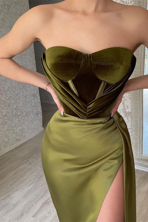 Élégante robe de soirée sirène bustier vert olive avec fente jusqu'aux cuisses