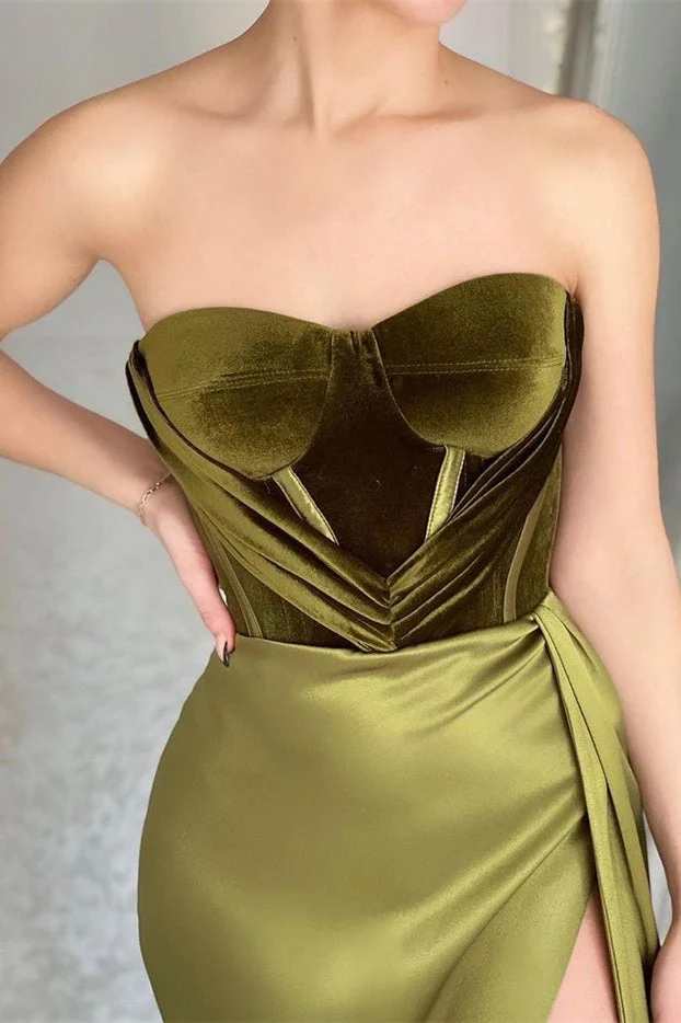Élégante robe de soirée sirène bustier vert olive avec fente jusqu'aux cuisses