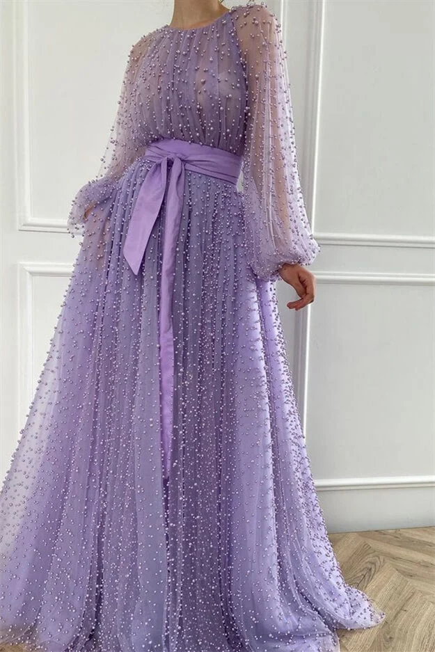 Élégante robe de soirée sirène lilas perlée avec bijou perlé et ceinture