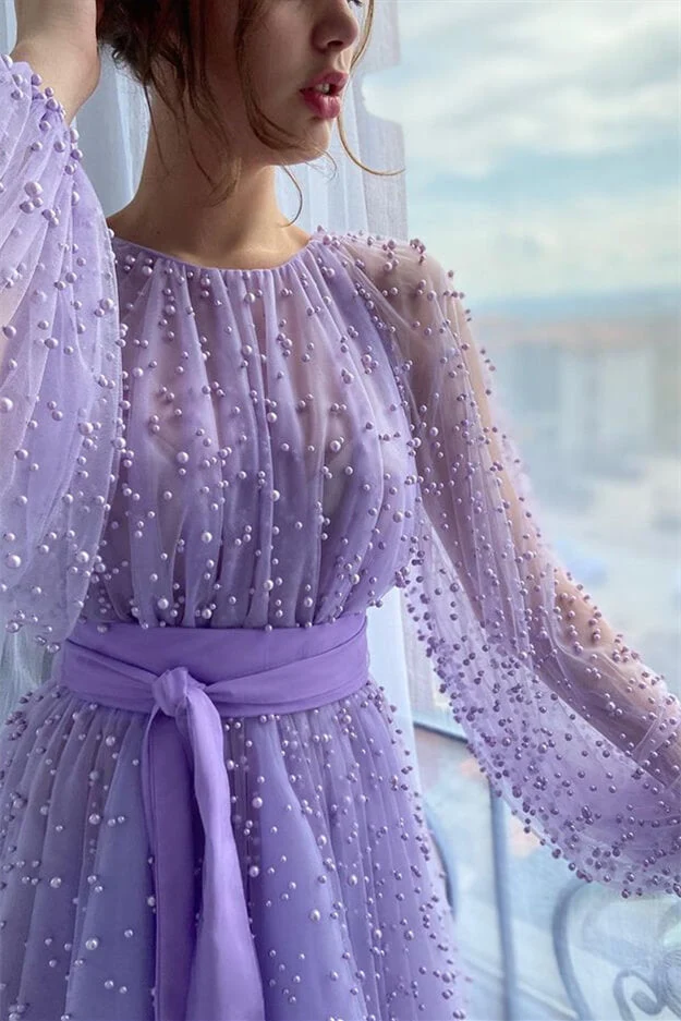 Élégante robe de soirée sirène lilas perlée avec bijou perlé et ceinture