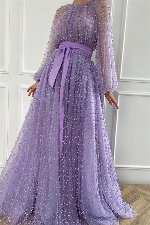 Élégante robe de soirée sirène lilas perlée avec bijou perlé et ceinture