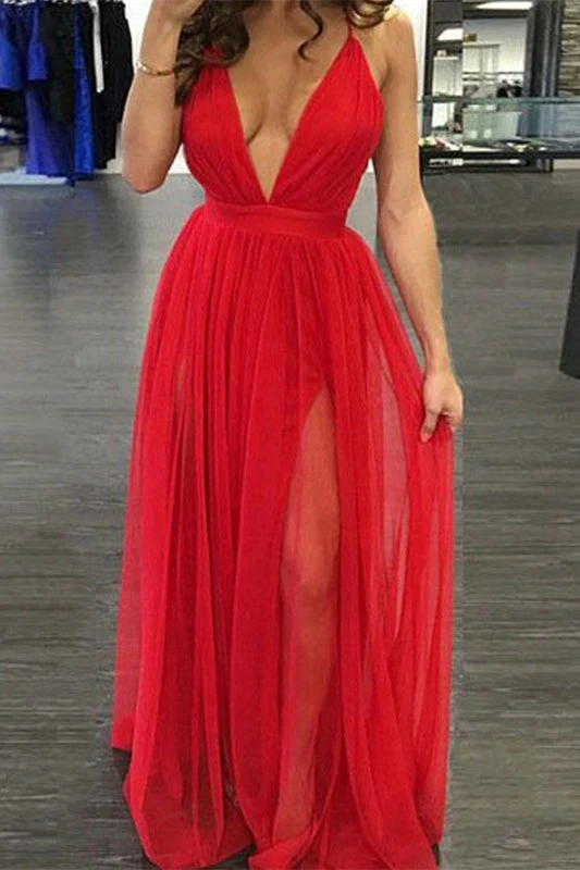 Superbe robe de bal longue rouge à décolleté en V profond et fente, élégante robe de soirée formelle