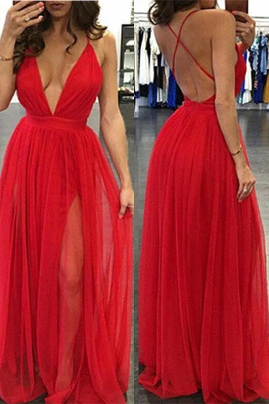 Superbe robe de bal longue rouge à décolleté en V profond et fente, élégante robe de soirée formelle