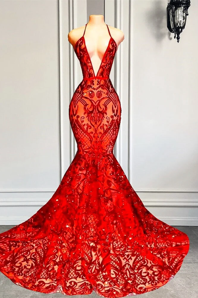 Robe de bal sirène rouge élégante avec paillettes scintillantes et dentelle délicate