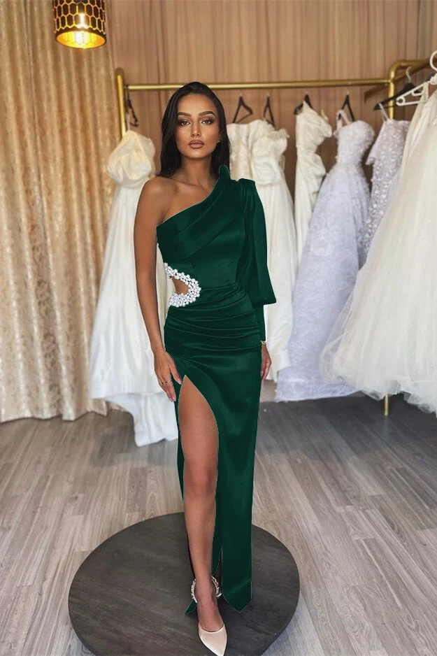 Charmante robe de soirée noire à manches longues, échancrée et fente plissée