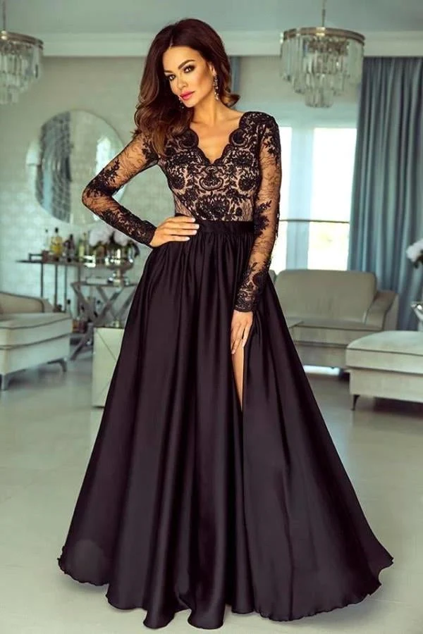 Robe de bal noire élégante à manches longues avec fente haute et corsage en dentelle