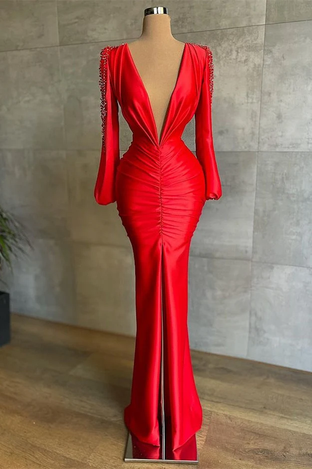 Robe de bal sirène rouge élégante à col en V profond et manches longues
